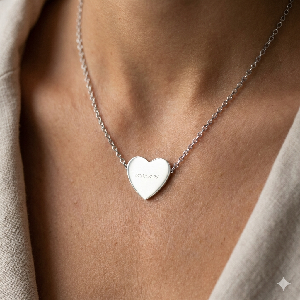 Engraved Heart Pendant Necklace — Personalized Date, Custom Love Engraving, Engraved jewellery gift, Gift for her, Anniversary gift, Valentine’s Day gift